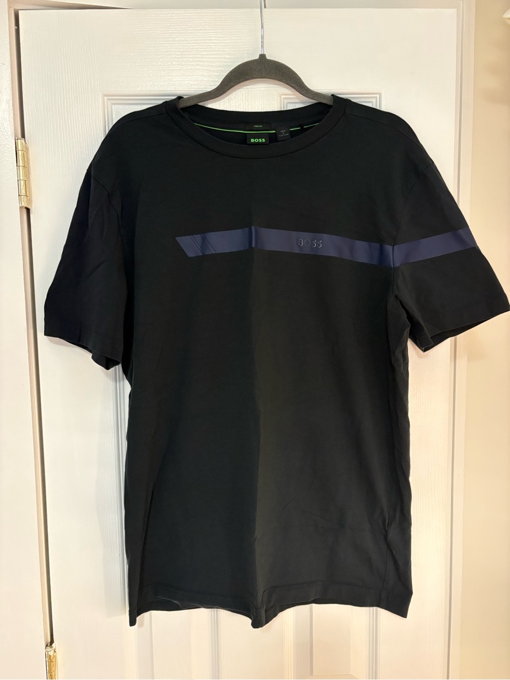BOSS Men's Fitted Black Crewneck Tee with Navy Accent